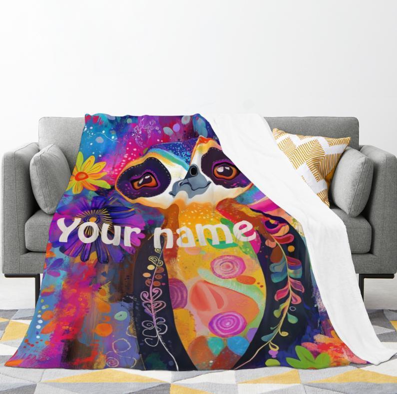 Customizable Sloth Blanket: Tropical Floral Art Flannel Throw - Dream Dragons