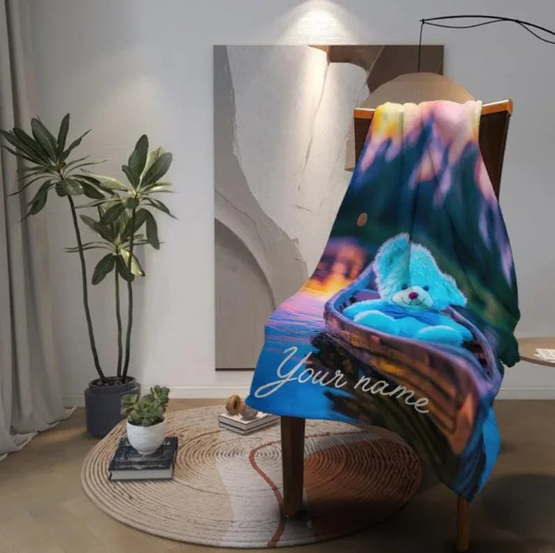 Personalized Twilight Teddy Bear Blanket: Dreamy Canoe Boat Adventure Throw, Soft Flannel Fleece - Dream Dragons