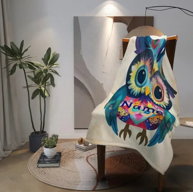 Personalized Owl Blanket: Romantic Flannel Fleece Throw, Custom Name Gift Colourful Bird - Dream Dragons