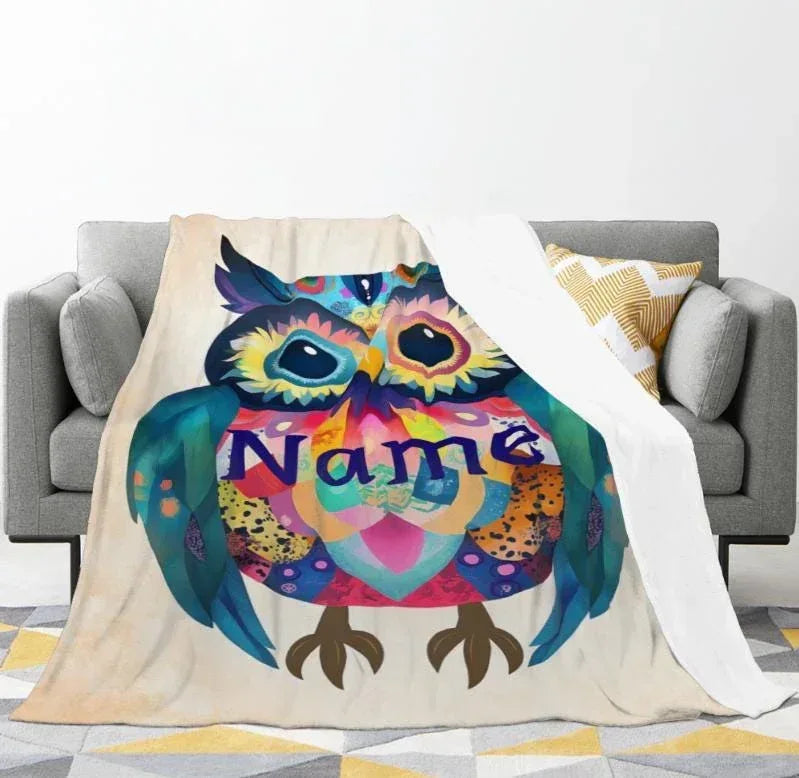 Personalized Owl Blanket: Romantic Flannel Fleece Throw, Custom Name Gift Colourful Bird - Dream Dragons