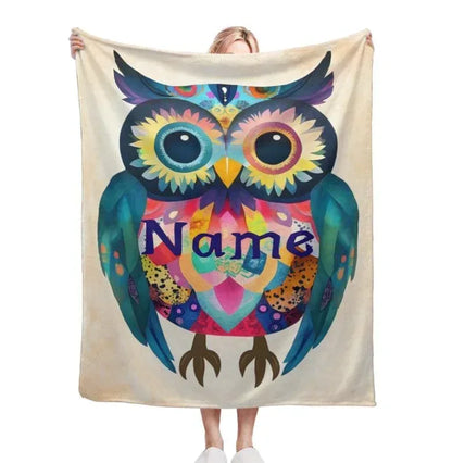Personalized Owl Blanket: Romantic Flannel Fleece Throw, Custom Name Gift Colourful Bird - Dream Dragons