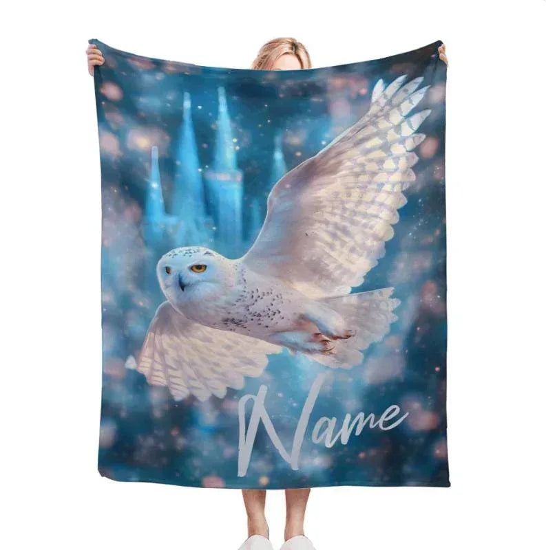 Personalized Wizarding Owl Blanket: Harry Potter Theme, Custom Flannel Fleece Name Throw - Dream Dragons