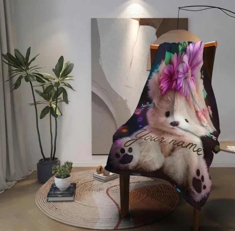 Personalized Teddy Bear Plush Blanket: Floral Crown, Soft Flannel Fleece Throw, Custom Name Gift - Dream Dragons