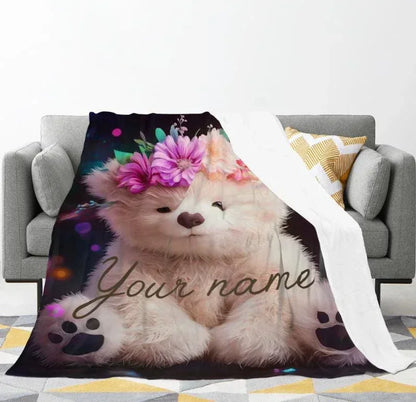 Personalized Teddy Bear Plush Blanket: Floral Crown, Soft Flannel Fleece Throw, Custom Name Gift - Dream Dragons