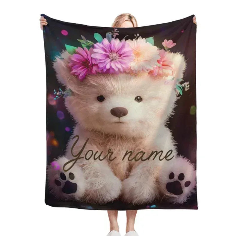 Personalized Teddy Bear Plush Blanket: Floral Crown, Soft Flannel Fleece Throw, Custom Name Gift - Dream Dragons
