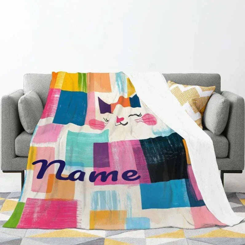 Personalized Cat Blanket: Warm, Playful Kitten Patchwork Fleece Throw, Meow, Super Soft Name Gift - Dream Dragons
