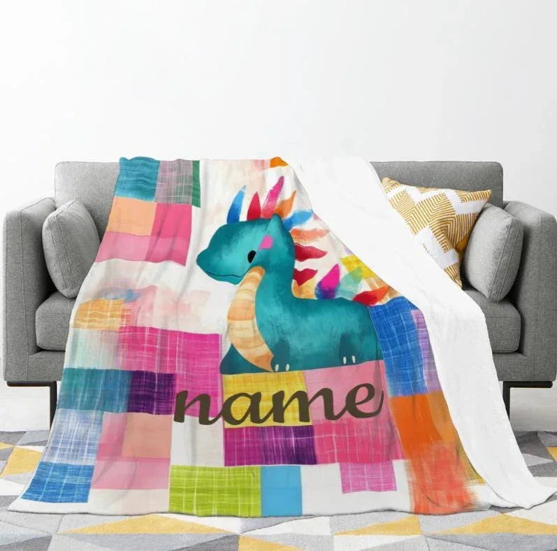 Personalized Dinosaur Blanket: Friendly Dragon Patchwork Throw - Dream Dragons