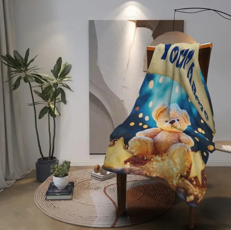 Personalized Teddy Bear Plush Blanket: Dreamy Stars, Flannel Fleece Throw, Super Soft Name Gift - Dream Dragons