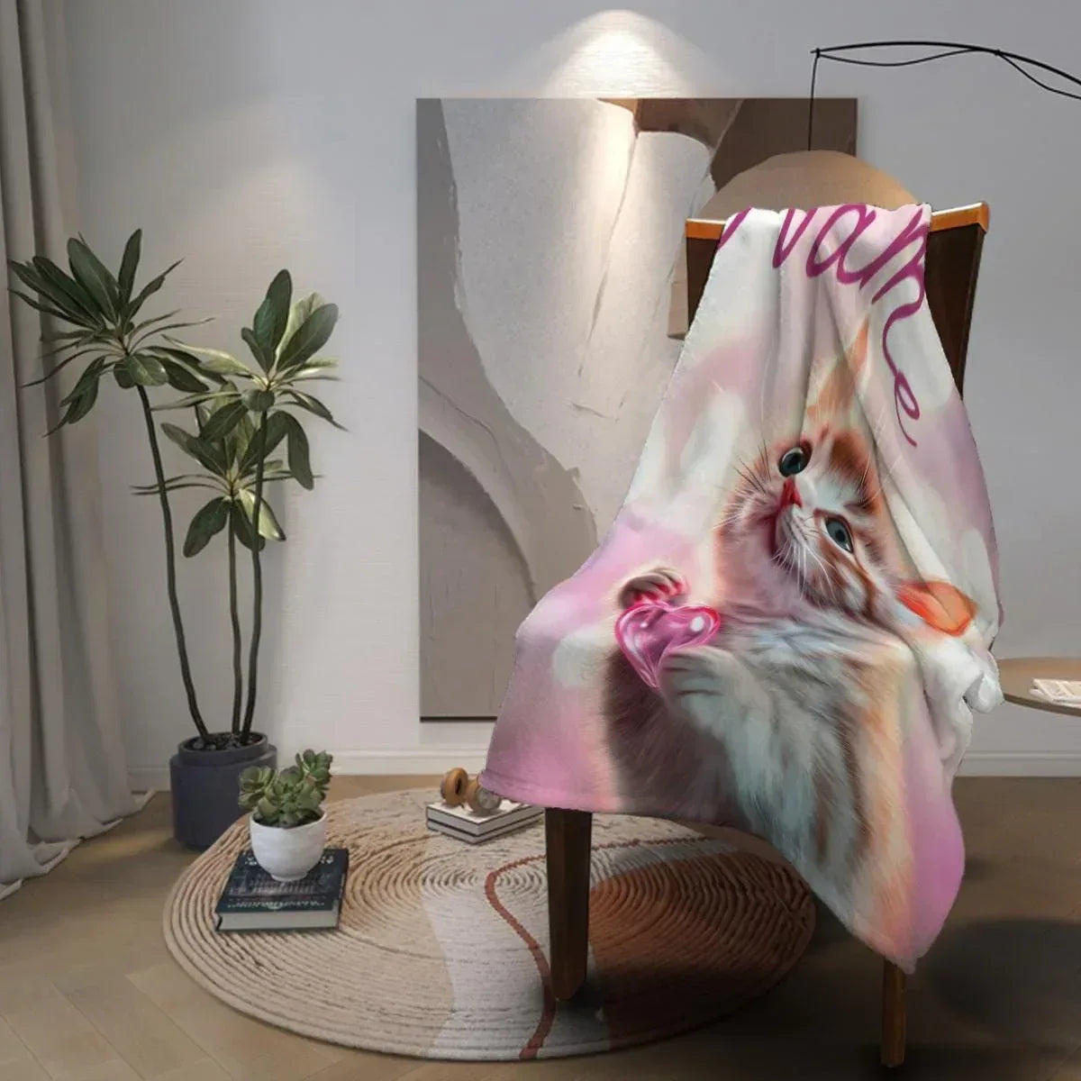 Personalized Kitten Blanket: Whimsical Heart Flannel Fleece Throw, Pink Kitty Cat Lover Gift - Dream Dragons