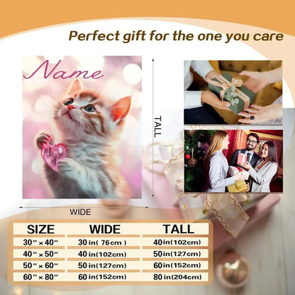 Personalized Kitten Blanket: Whimsical Heart Flannel Fleece Throw, Pink Kitty Cat Lover Gift - Dream Dragons