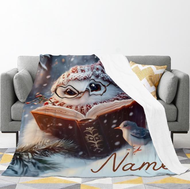 Personalized Winter Owl Flannel Blanket: Snowy Forest Design, Flannel Fleece Throw Name Gift - Dream Dragons