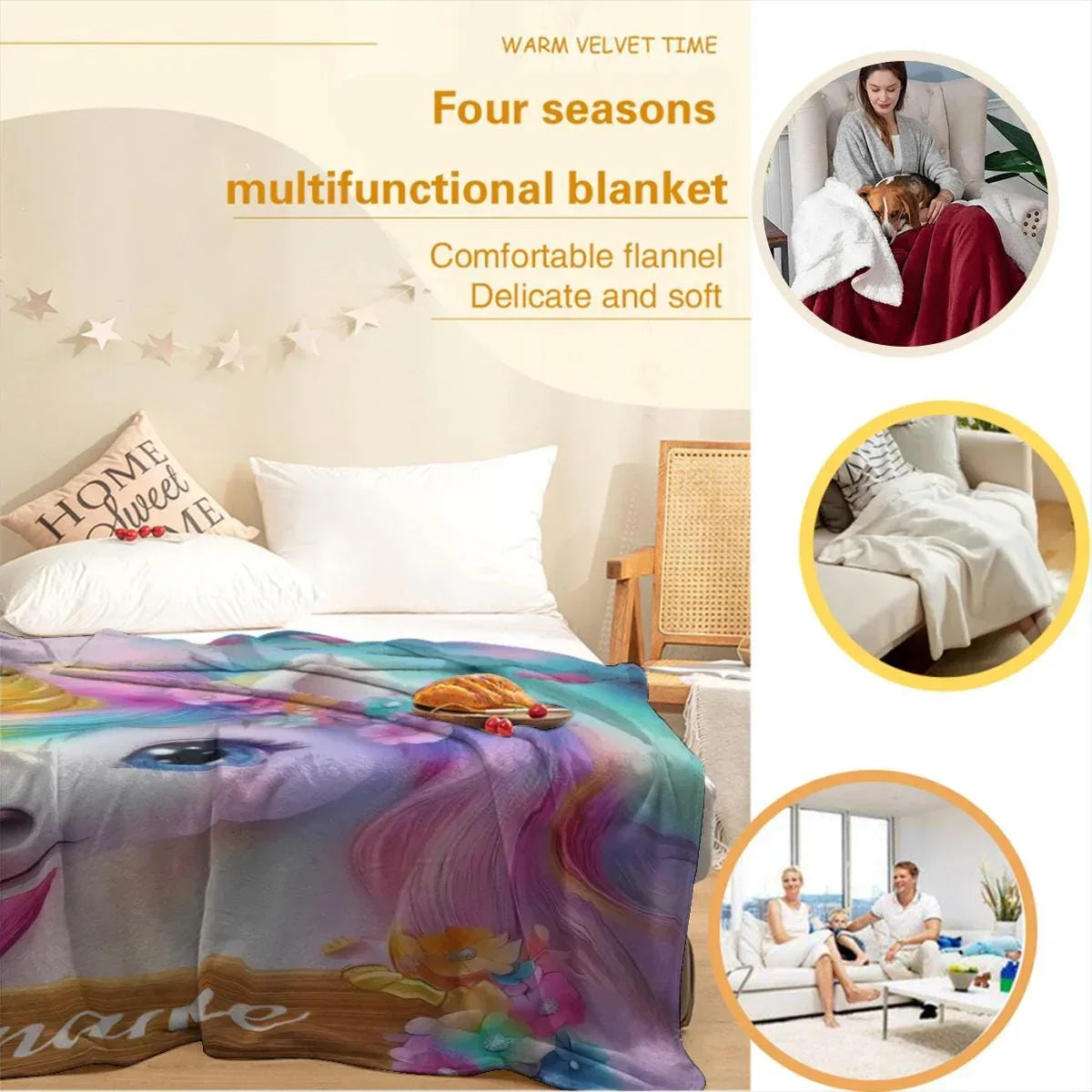 Personalized Unicorn Blanket: Rainbow Pink White Bedroom - Soft Flannel Fleece Throw, Name Gift - Dream Dragons