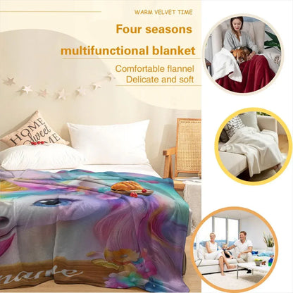 Personalized Unicorn Blanket: Rainbow Pink White Bedroom - Soft Flannel Fleece Throw, Name Gift - Dream Dragons