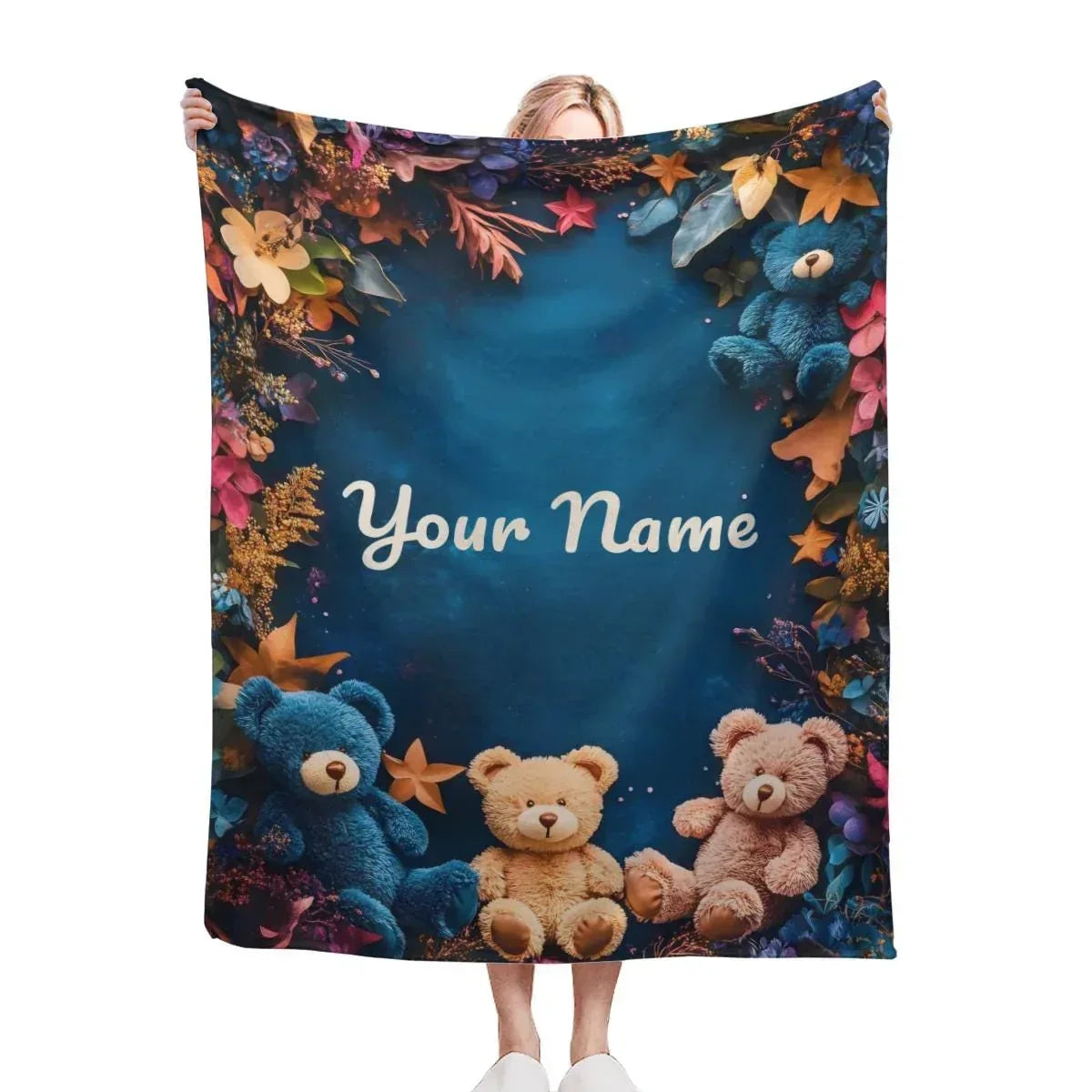 Personalized Teddy Bear Plush Blanket: Soft Flannel Fleece, Autumn Leaves, Custom Name Gift - Dream Dragons