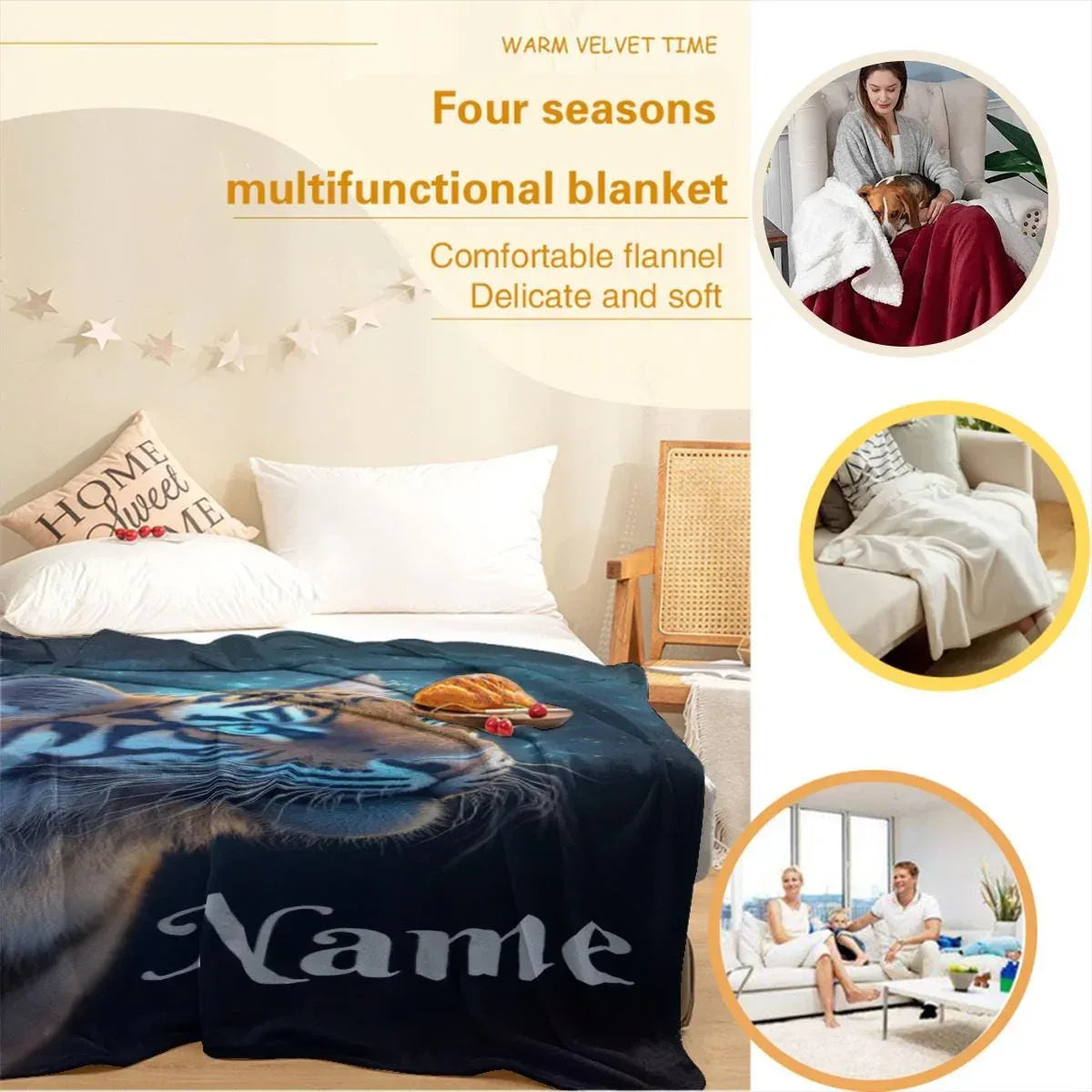 Personalized Tiger Blanket: Starry Night Jungle Throw, Soft Flannel Fleece Name Gift - Dream Dragons