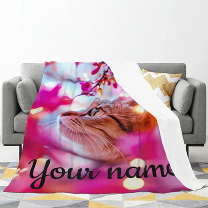 Personalized Cat Fleece Blanket: Pink Floral Kitty Design, Soft Custom Name Gift - Dream Dragons