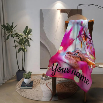 Personalized Cat Fleece Blanket: Pink Floral Kitty Design, Soft Custom Name Gift - Dream Dragons