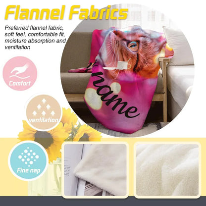 Personalized Cat Fleece Blanket: Pink Floral Kitty Design, Soft Custom Name Gift - Dream Dragons