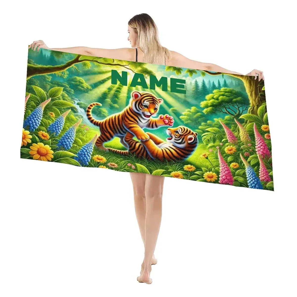 Personalized Jungle Tiger Beach Towel: Custom Name Microfiber Swimming Pool Towel - Dream Dragons