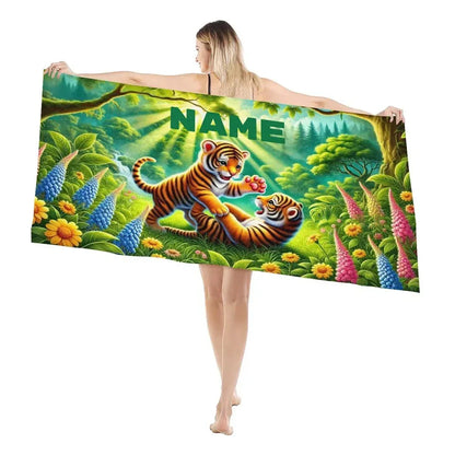 Personalized Jungle Tiger Beach Towel: Custom Name Microfiber Swimming Pool Towel - Dream Dragons