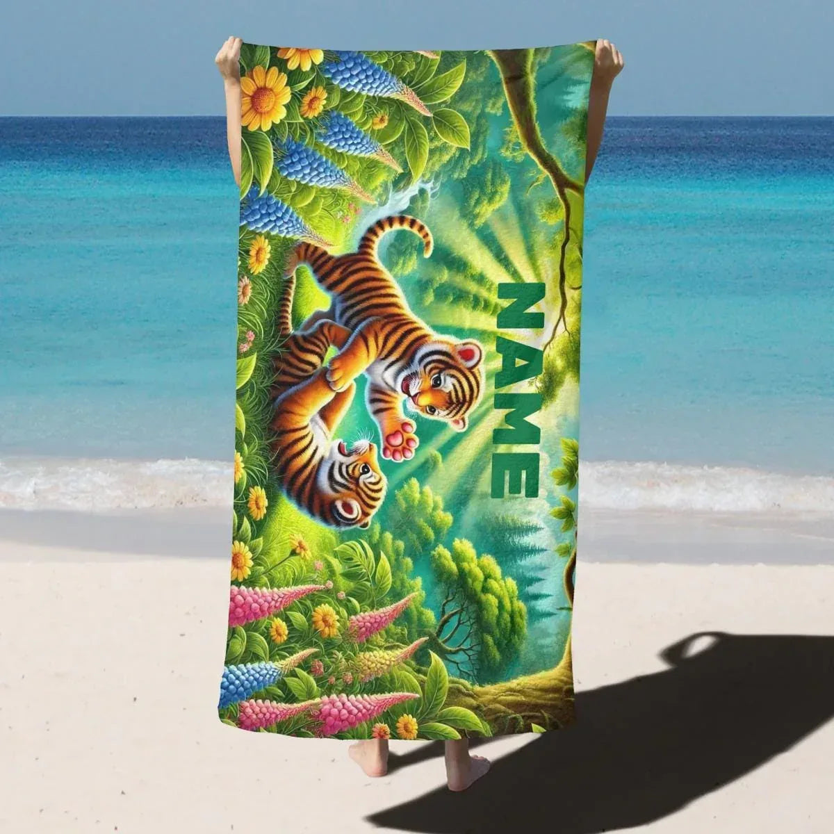 Personalized Jungle Tiger Beach Towel: Custom Name Microfiber Swimming Pool Towel - Dream Dragons