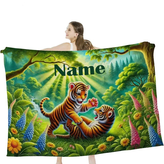 Personalized Tiger Blanket: Enchanted Forest Jungle Adventure Throw, Soft Flannel Fleece Throw - Dream Dragons