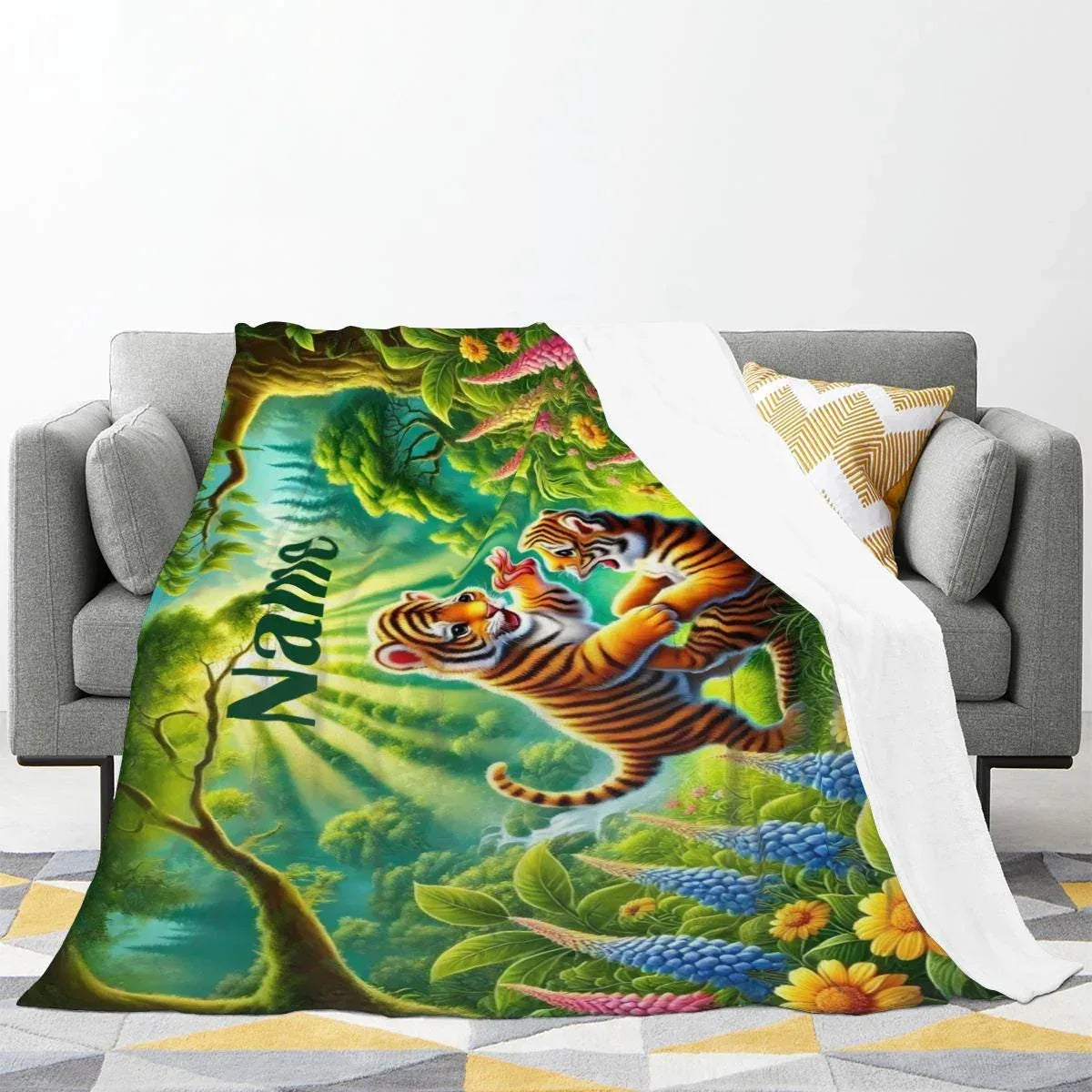 Personalized Tiger Blanket: Enchanted Forest Jungle Adventure Throw, Soft Flannel Fleece Throw - Dream Dragons