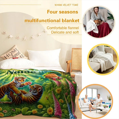 Personalized Tiger Blanket: Enchanted Forest Jungle Adventure Throw, Soft Flannel Fleece Throw - Dream Dragons