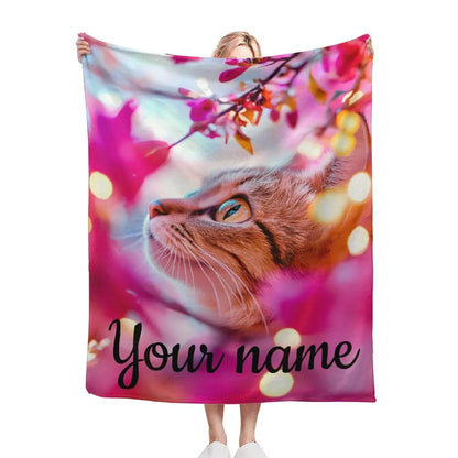 Personalized Cat Fleece Blanket: Pink Floral Kitty Design, Soft Custom Name Gift - Dream Dragons