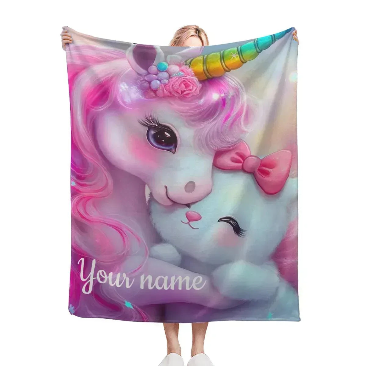 Personalized Unicorn & Kitty Plush Blanket, Custom Name Soft Flannel Fleece Throw - Dream Dragons
