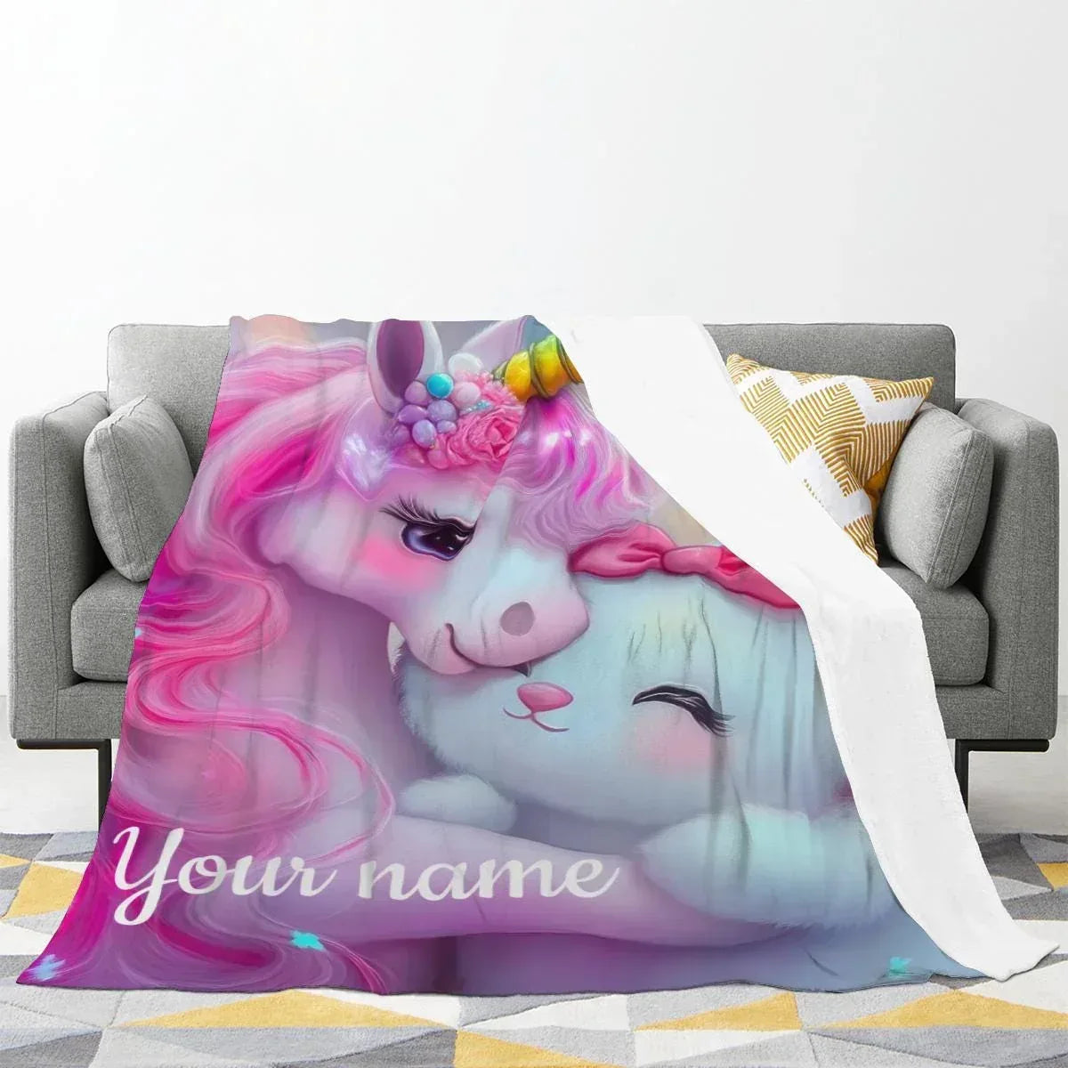 Personalized Unicorn & Kitty Plush Blanket, Custom Name Soft Flannel Fleece Throw - Dream Dragons