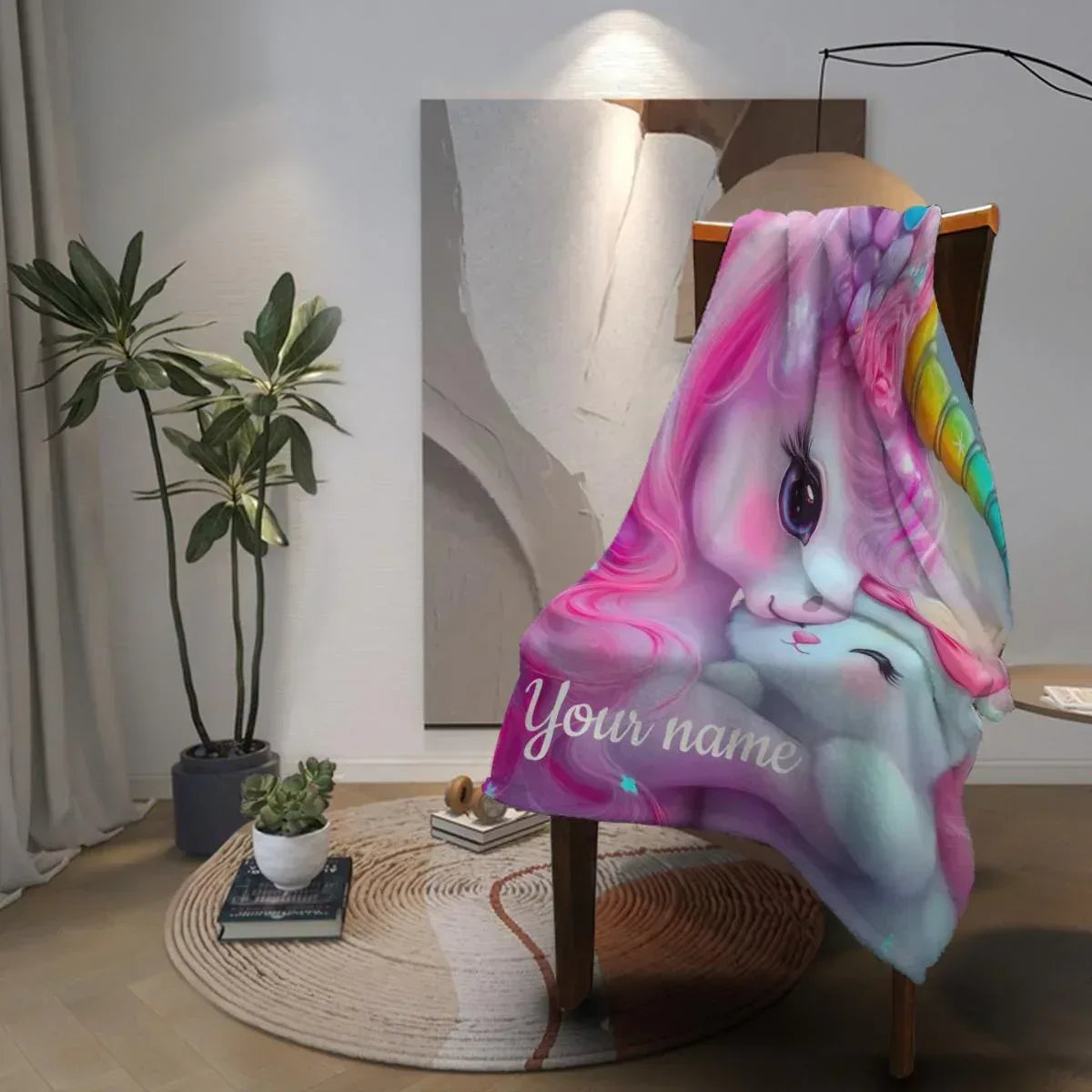 Personalized Unicorn & Kitty Plush Blanket, Custom Name Soft Flannel Fleece Throw - Dream Dragons