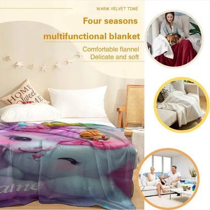 Personalized Unicorn & Kitty Plush Blanket, Custom Name Soft Flannel Fleece Throw - Dream Dragons