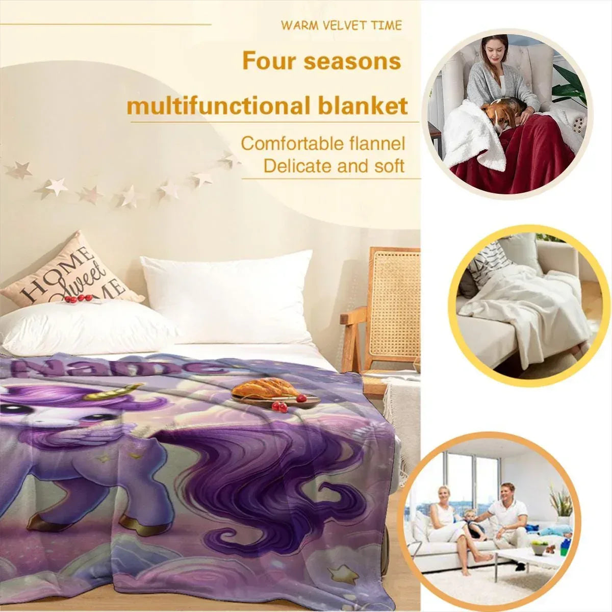 Personalized Unicorn Blanket: Enchanted Purple Fantasy Throw, Flannel Fleece Name Gift - Dream Dragons