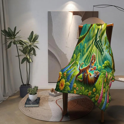 Personalized Tiger Blanket: Enchanted Forest Jungle Adventure Throw, Soft Flannel Fleece Throw - Dream Dragons