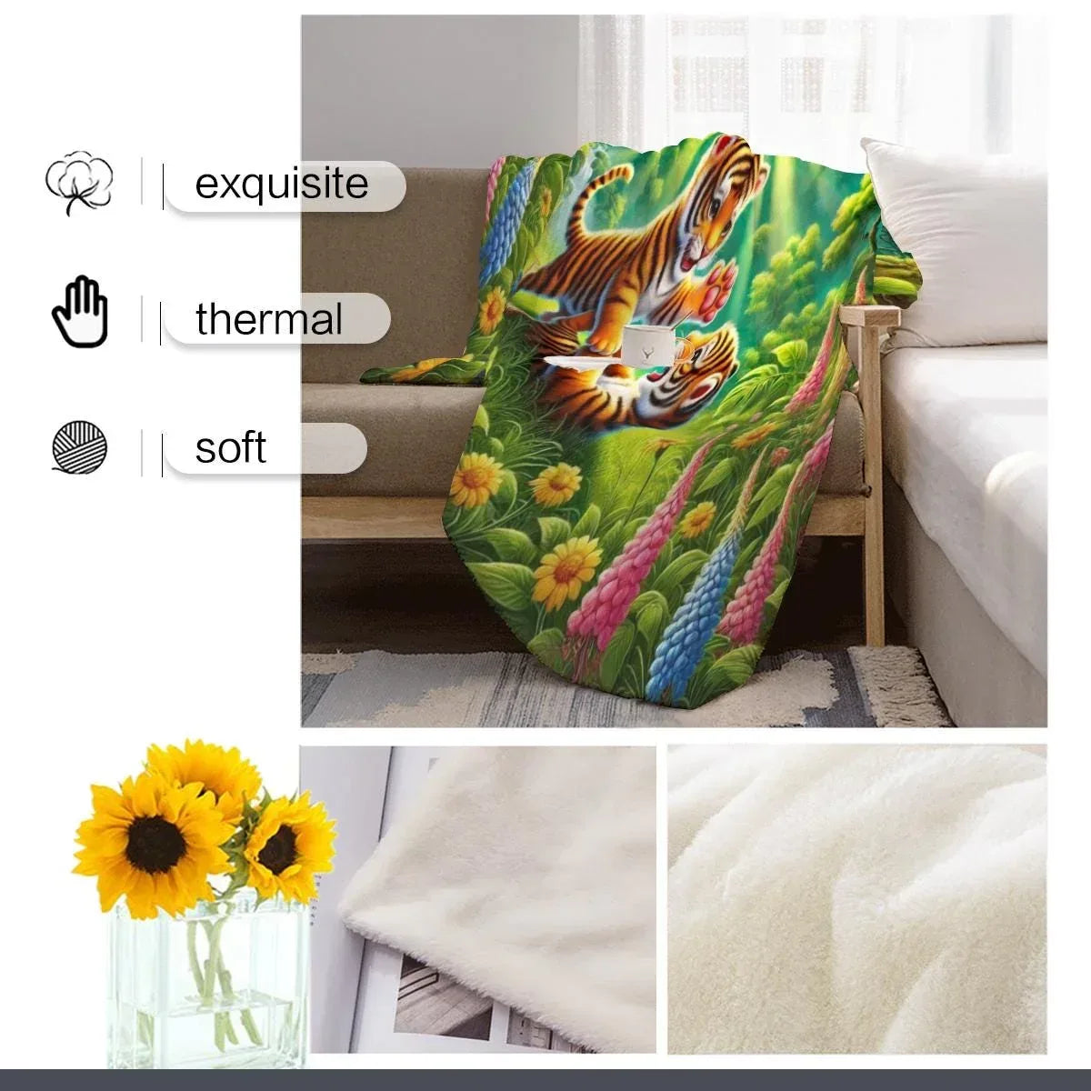 Personalized Tiger Blanket: Enchanted Forest Jungle Adventure Throw, Soft Flannel Fleece Throw - Dream Dragons