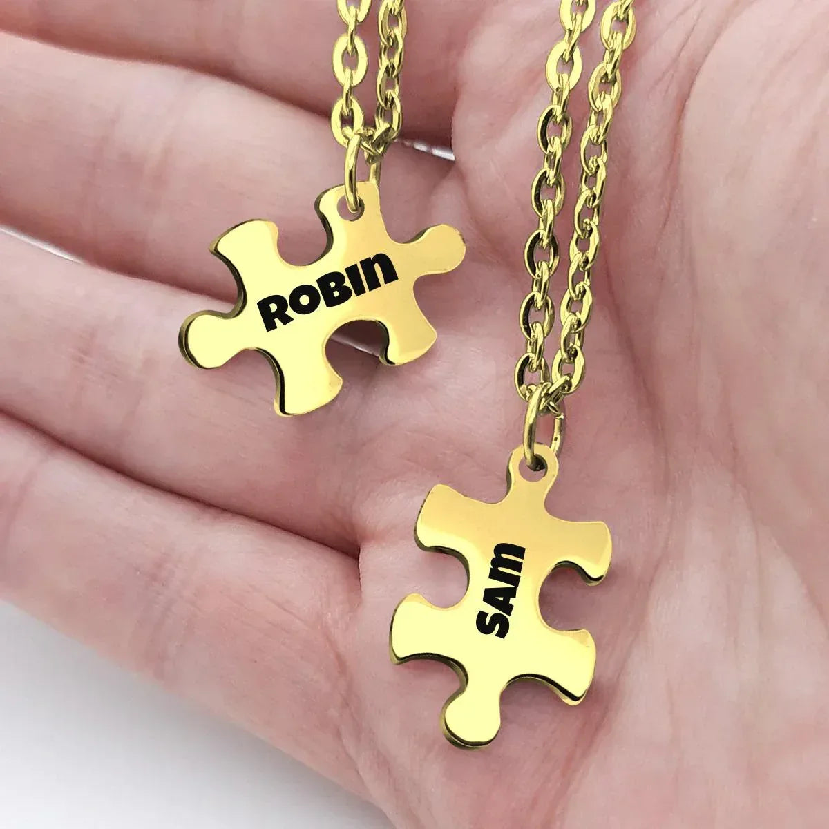 Engraved Puzzle Piece Necklace Set: Stainless Steel Matching Pendants - Dream Dragons