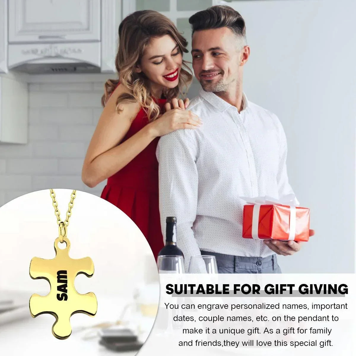 Engraved Puzzle Piece Necklace Set: Stainless Steel Matching Pendants - Dream Dragons