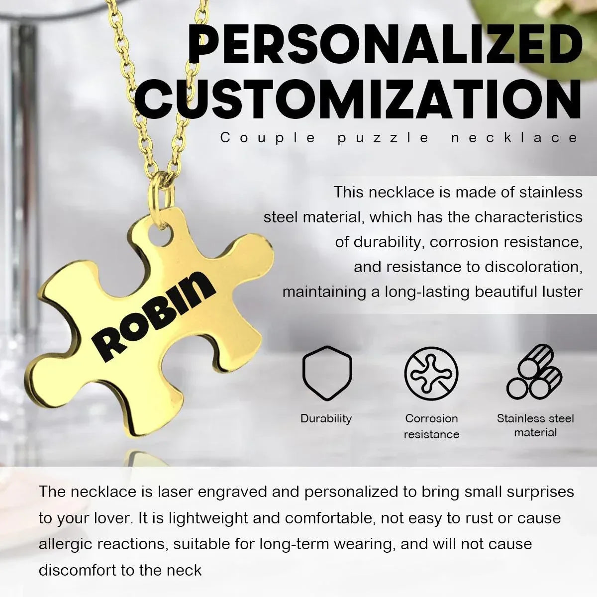 Engraved Puzzle Piece Necklace Set: Stainless Steel Matching Pendants - Dream Dragons