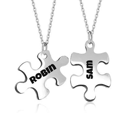 Engraved Puzzle Piece Necklace Set: Stainless Steel Matching Pendants - Dream Dragons