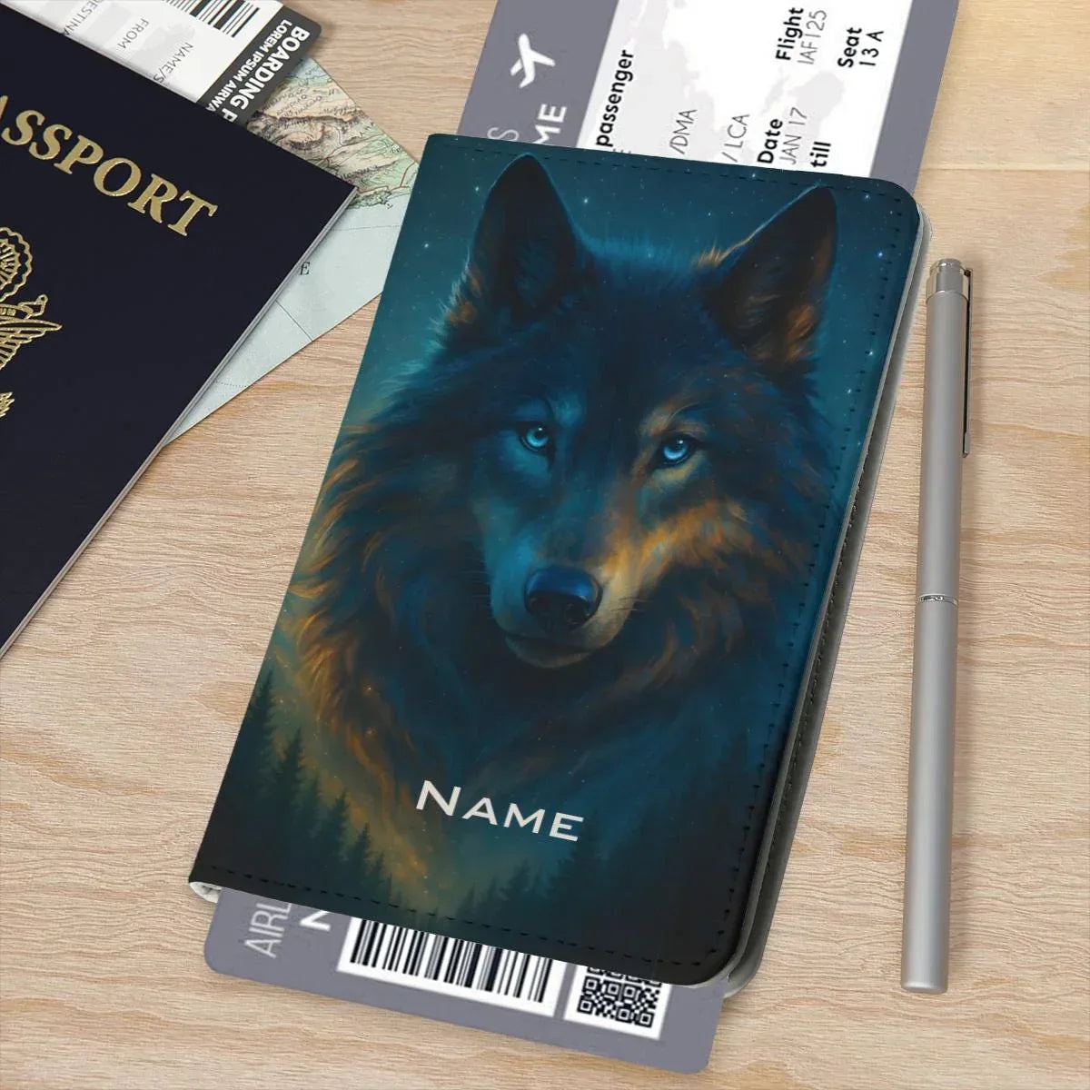 Personalized Mystical Wolf Passport Holder: Custom Travel Wallet - Dream Dragons