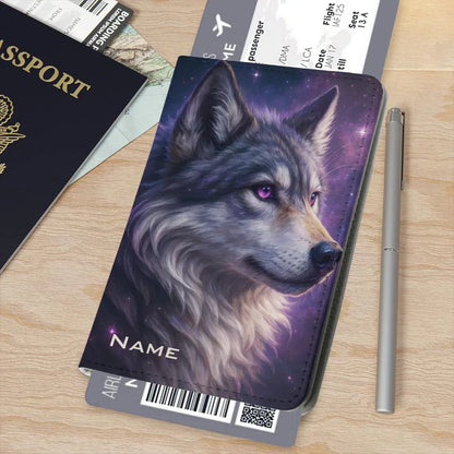 Personalized Galaxy Wolf Passport Holder: Cosmic Purple Travel Cover - Dream Dragons