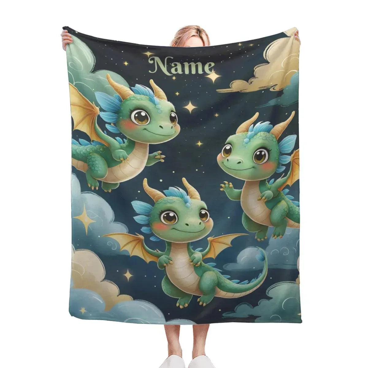 Personalized Green Dragon Blanket: Starry Night Bedroom Decor, Flannel Fleece Throw - Dream Dragons
