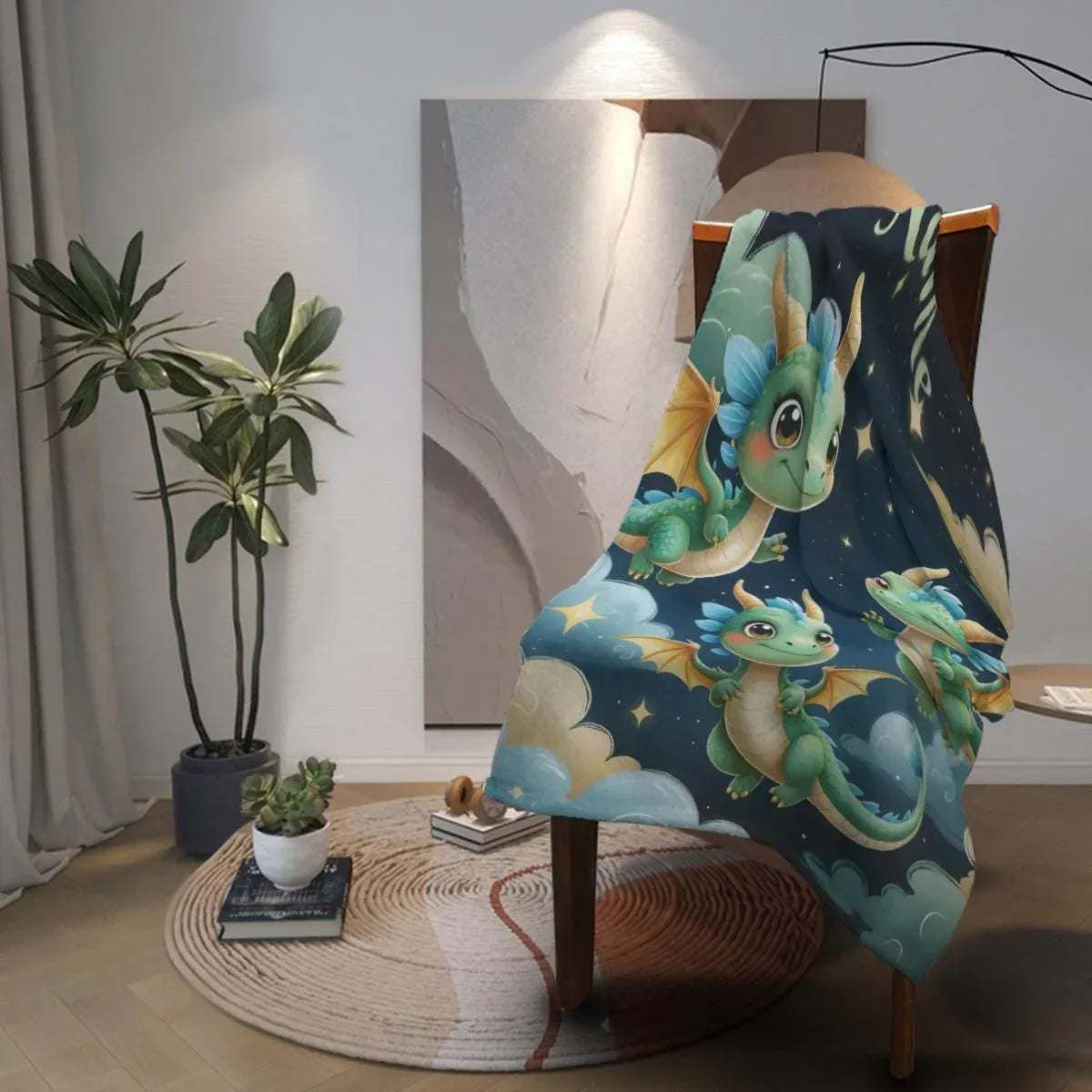 Personalized Green Dragon Blanket: Starry Night Bedroom Decor, Flannel Fleece Throw - Dream Dragons
