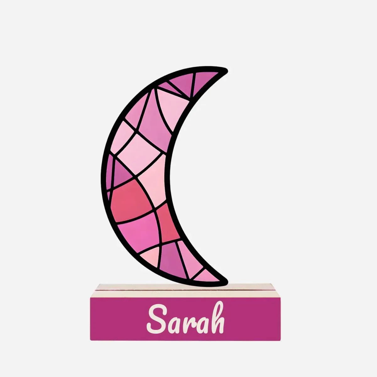 Personalized Pink Stained Glass Crescent Moon Night Light - Wooden Base - Dream Dragons