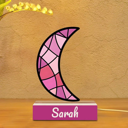 Personalized Pink Stained Glass Crescent Moon Night Light - Wooden Base - Dream Dragons