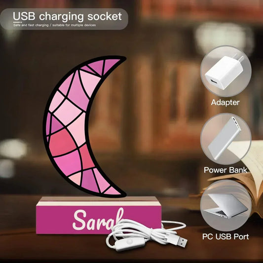 Pink crescent moon night light with USB cable and charging adapters, personalized Sarah