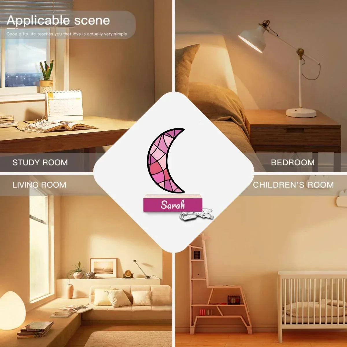 Personalized Pink Stained Glass Crescent Moon Night Light - Wooden Base - Dream Dragons