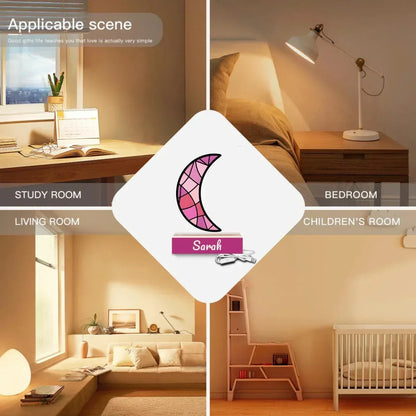 Personalized Pink Stained Glass Crescent Moon Night Light - Wooden Base - Dream Dragons