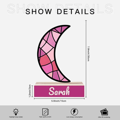 Personalized Pink Stained Glass Crescent Moon Night Light - Wooden Base - Dream Dragons